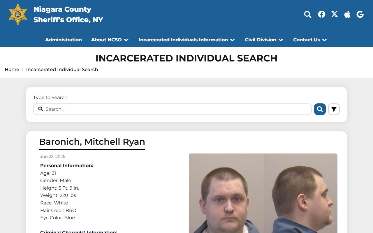 Niagara County inmate population roster search page with booking photos